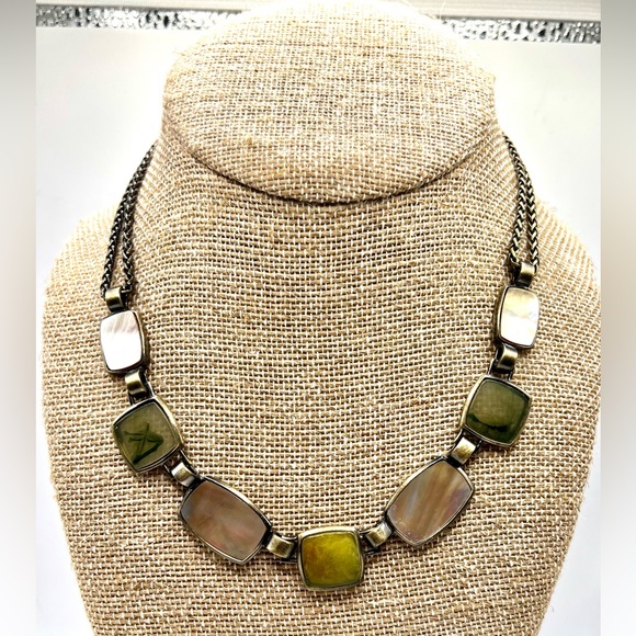 Monet Jewelry - Vintage Monet Antique Brass Tone and Abalone Necklace